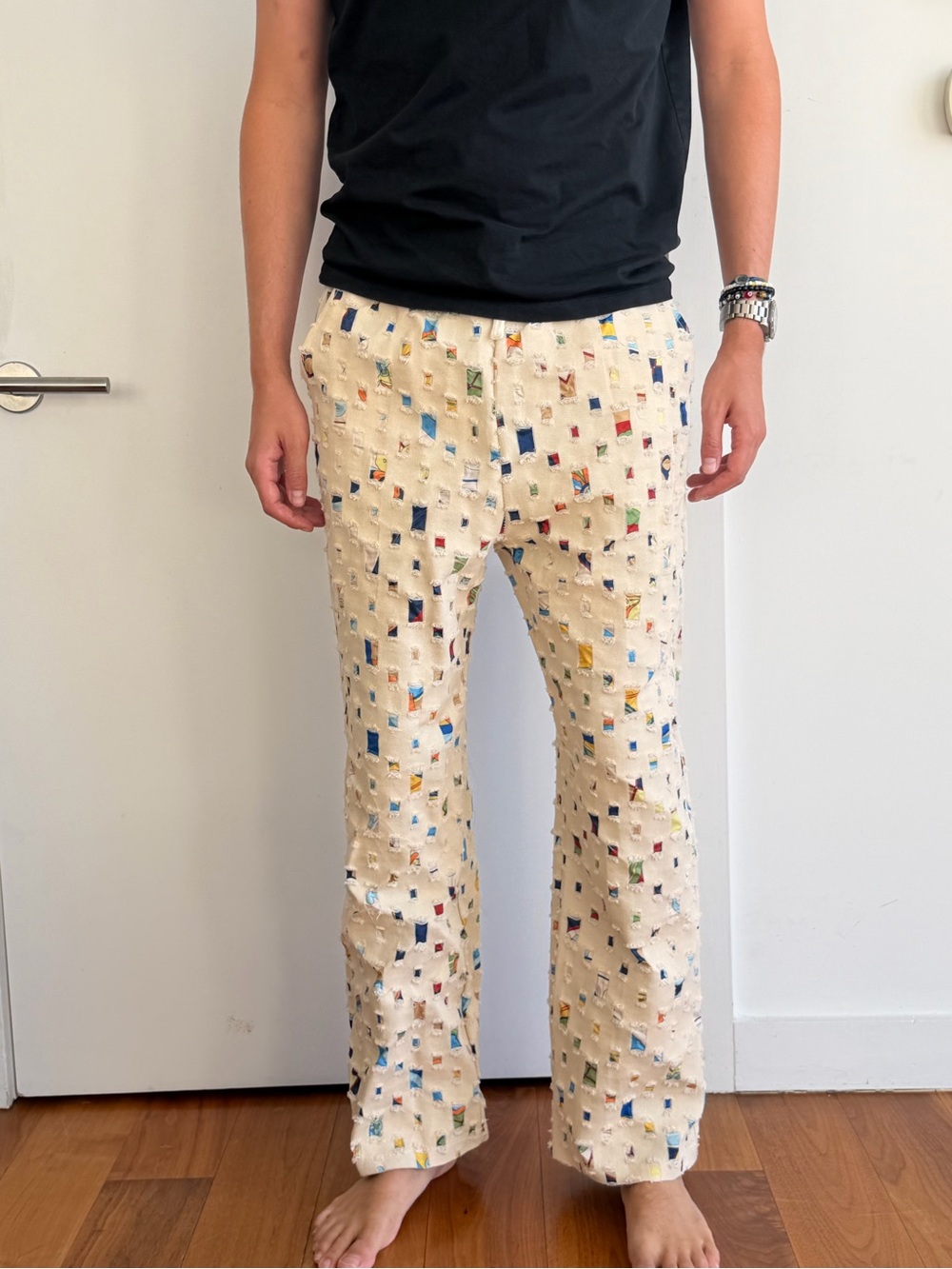 Vintage Cream Pants with Multicolor Patch Details